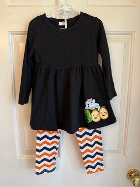 Black Halloween Dress & Orange Chevron Leggings Kids Set